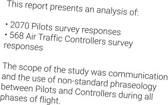 This report presents an analysis of:  • 2070 Pilots survey responses • 568 Air Traffic Controllers survey responses  The scope of the study was communication and the use of non-standard phraseology between Pilots and Controllers during all phases of flight.