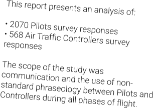 This report presents an analysis of:  • 2070 Pilots survey responses • 568 Air Traffic Controllers survey responses  The scope of the study was communication and the use of non-standard phraseology between Pilots and Controllers during all phases of flight.
